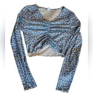 SHEIN Teen Girls Ditsy Floral Blue & White Ruched Rib-Knit Tee Crop Top Size 14Y